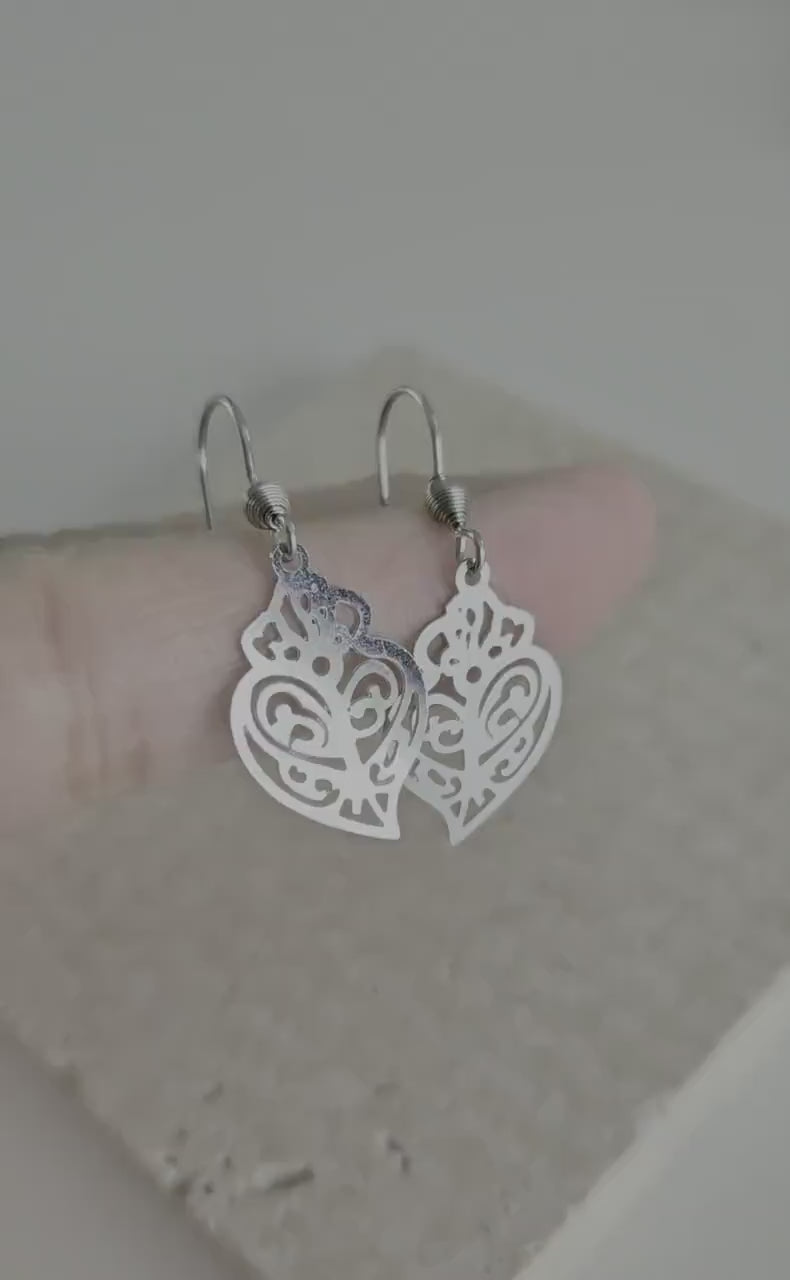 Filigree Steel Heart Earring Silver Steel Dangle Earring Thin Lightweight Handmade Jewelry Gift Mom Loving Gift Travel to Portugal Gift