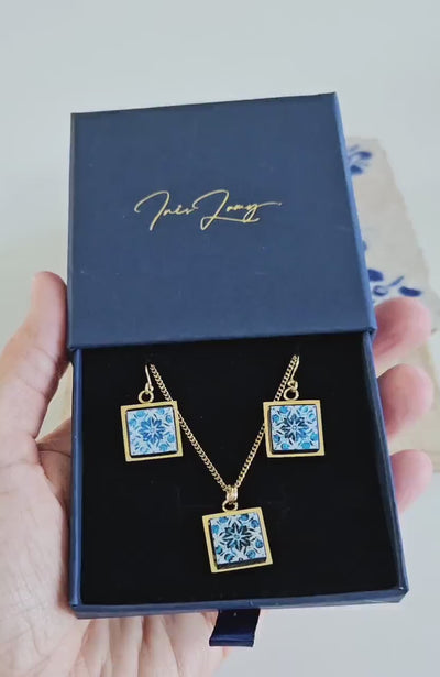 GOLD Jewelry Gift Set Tile Pendant Earring Portuguese Blue White Azulejo Silver Pendant Steel Square Necklace Tile Portugal Gift Handmade