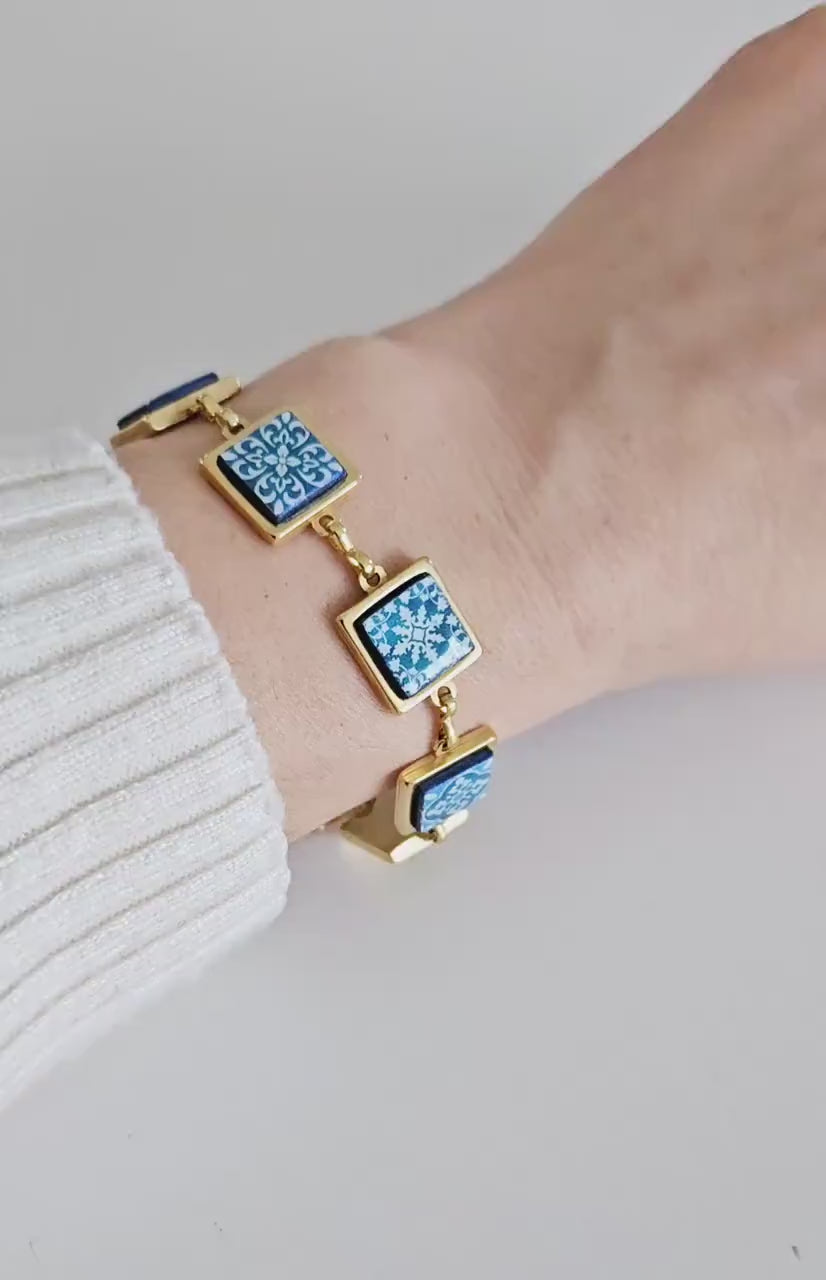 GOLD Portugal Blue Modern Tile STEEL Bracelet Small Square Azulejos Bracelet Adjustable Size Gold Bracelet Handmade Birthday Gift for Her