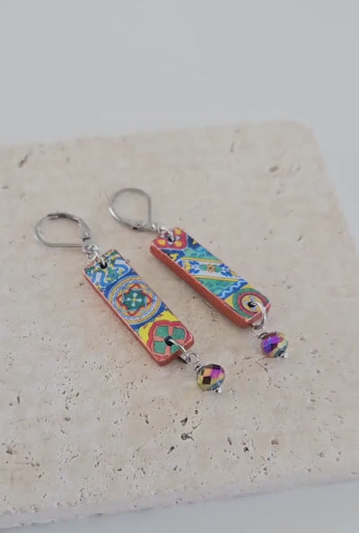 Mexican Tiles Bar Earrings Long Mismatched Earring Rectangular Bar Earrings Mexico Colorful Jewelry Talavera Mixed Tile Fiesta Party Earring