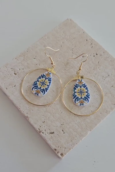 Portugal Blue Gold Tile Circle Teardrop Earring Portuguese Azulejo Jewelry Gift Gold Earring Majolica Tile Mother Pearl Teardrop Earring