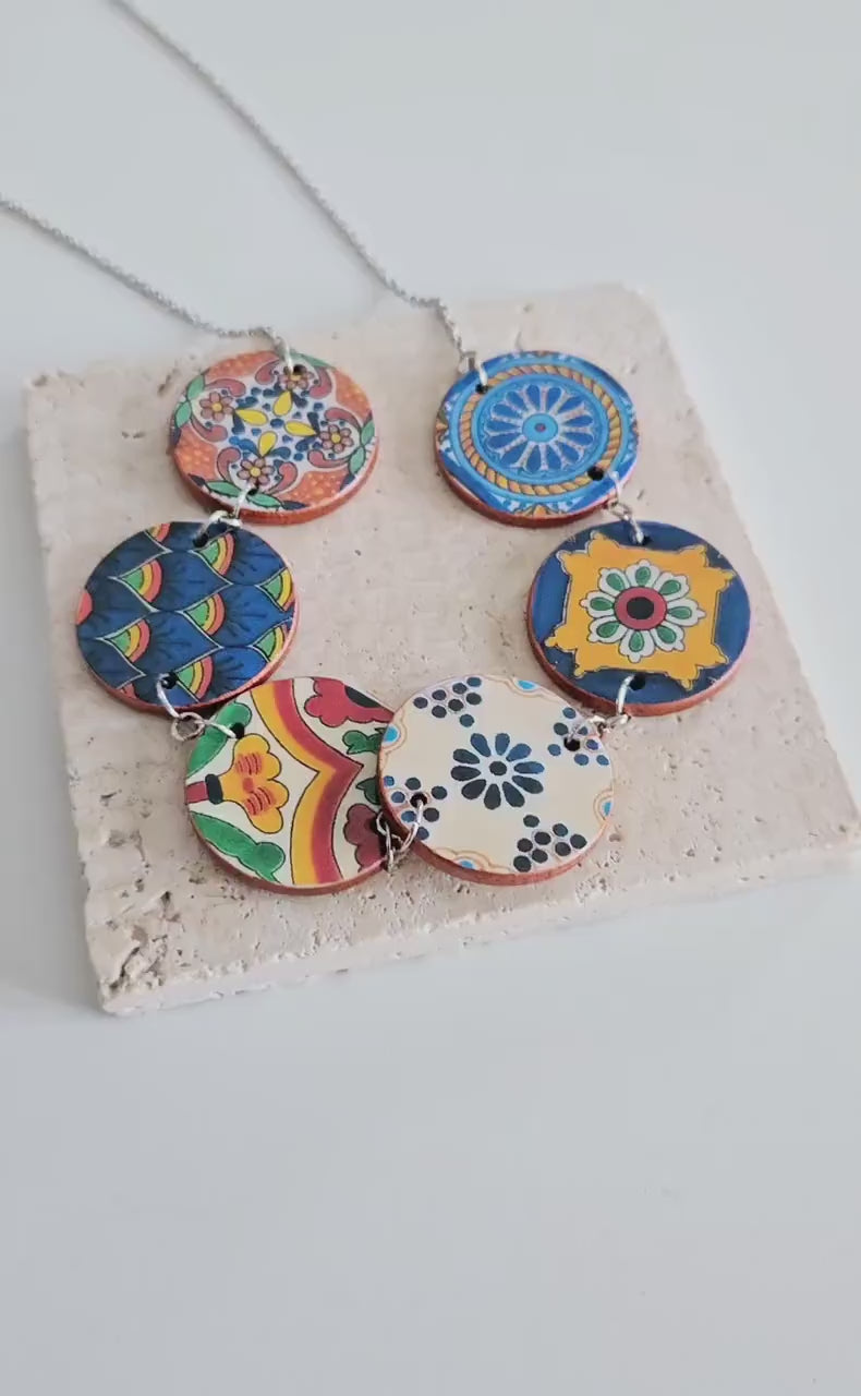 Mexican Round Tiles Necklace Mexico Talavera Statement Jewelry Bohemian Necklace Spanish Lightweight Pendant Mismatched Big Tiles Necklace