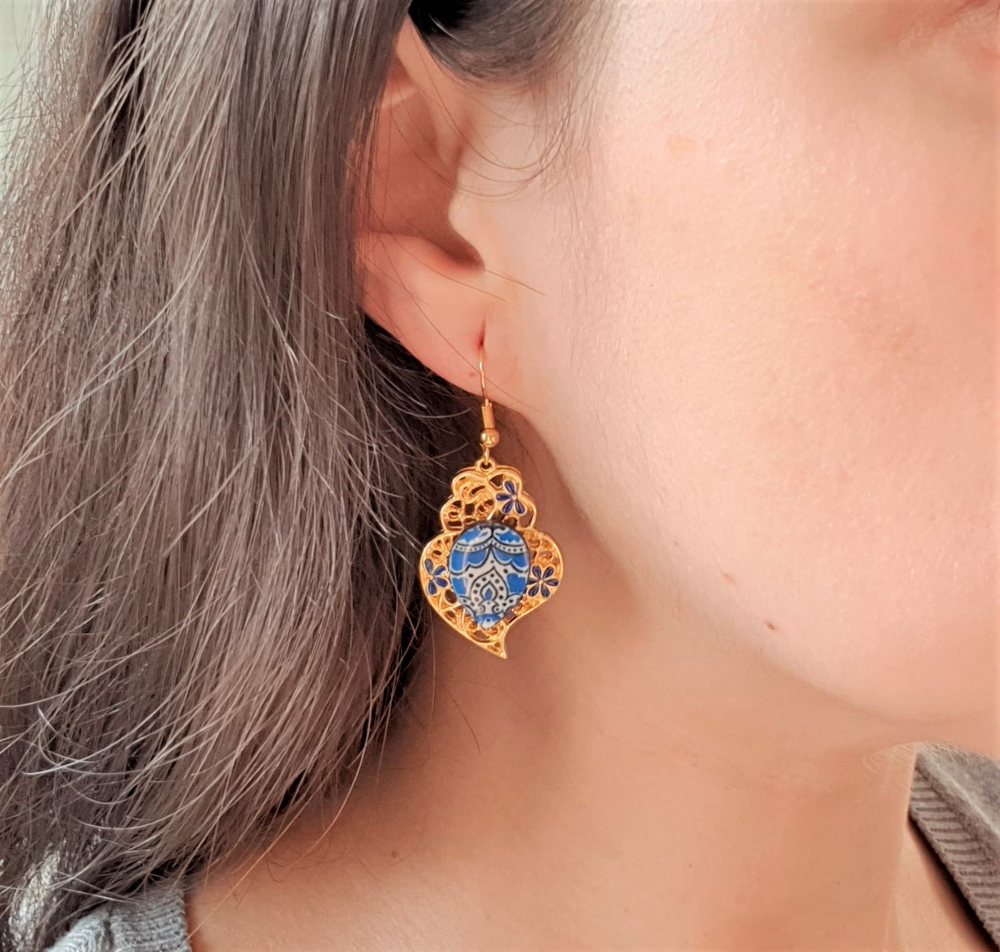 ELVIRA - Gold & Blue Tile Viana Heart Earrings