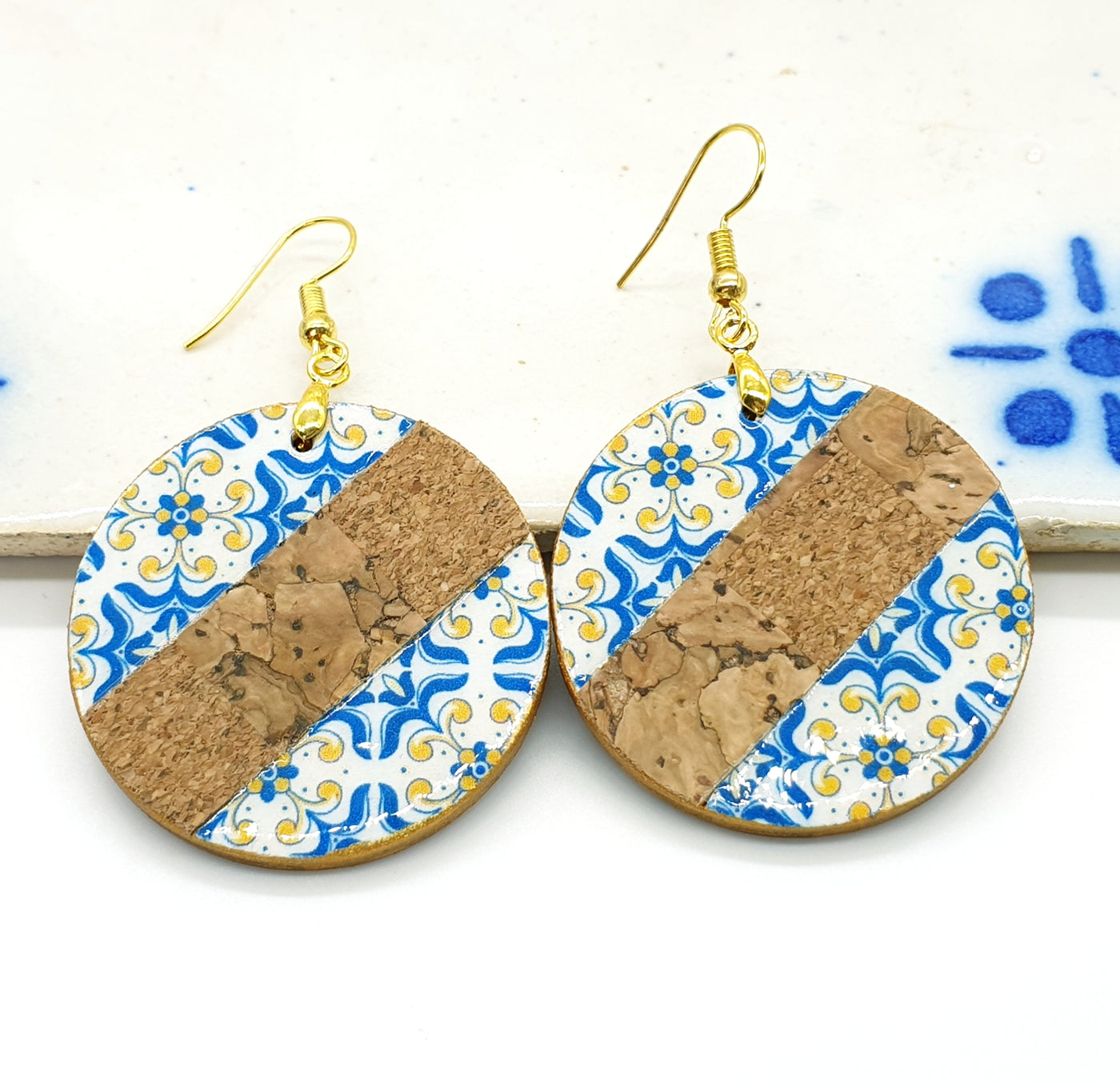 VITORIA - Round Large Tile Wood & Cork Earrings