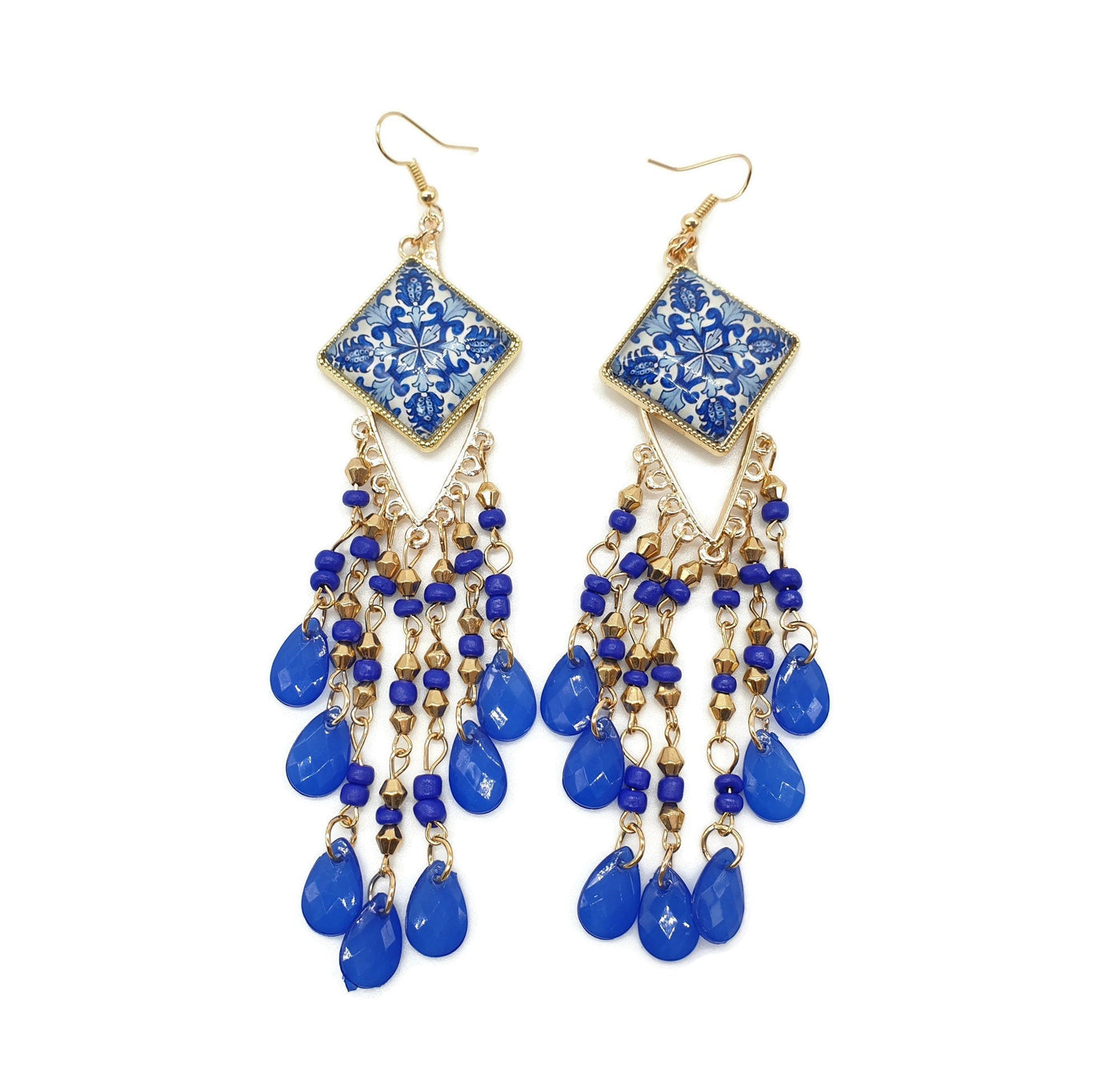 CAROL - Blue Chandelier Portuguese Boho Tiles Earrings - ineslamy