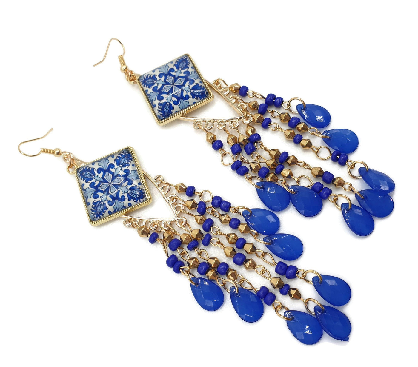 CAROL - Blue Chandelier Portuguese Boho Tiles Earrings - ineslamy