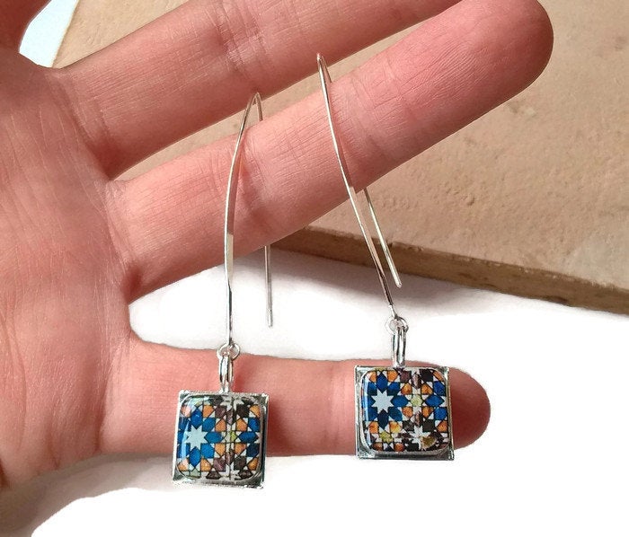 Dainty Moroccan earrings, Moroccan jewelry, miniature tile earrings, Moroccan wedding earrings, mom gift, birthday gift, travel souvenir - ineslamy
