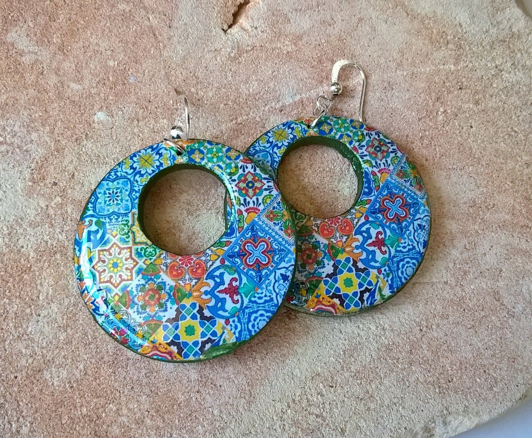 Eye Earrings ,Blue OJO Mexican popular pottery earrings, Mexican pottery and brass post earrings