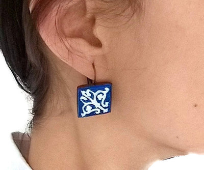 Portuguese clay tile earrings, azulejo earrings, Portugal tiles jewelry, Portugal wedding jewelry, Portuguese souvenir, blue wedding gift - ineslamy