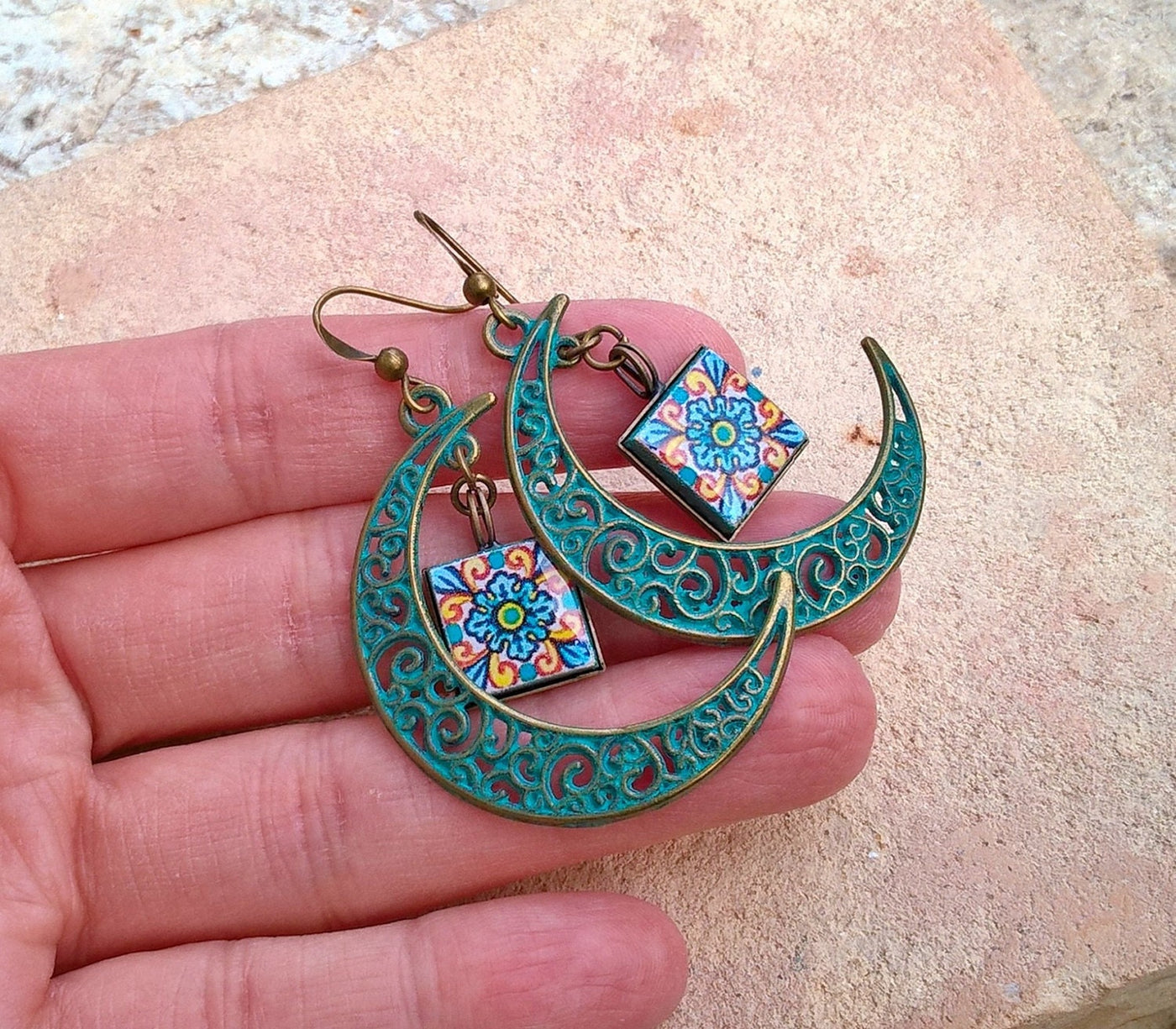 SAVANAH - Moon Verdigris Mexican tile Earrings