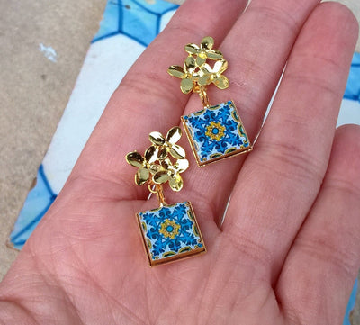 Gold flowers tile earrings, Portugal antique tiles, azulejo replicas, ethnic earrings, boho chic jewelry, handmade bridal jewelry, mom gift - ineslamy