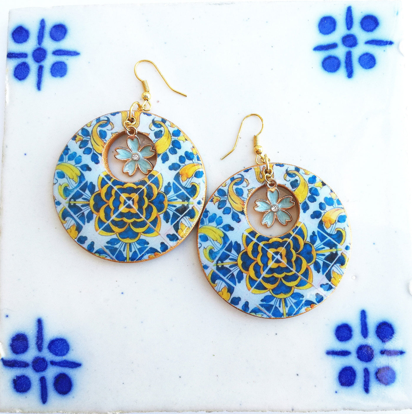 Oversized PORTO HOOP Earrings Large Dangle Tile Earring Blue Gold Tile Hoop Portuguese Antique Vintage Tile Azulejo Hoop Statement Earring