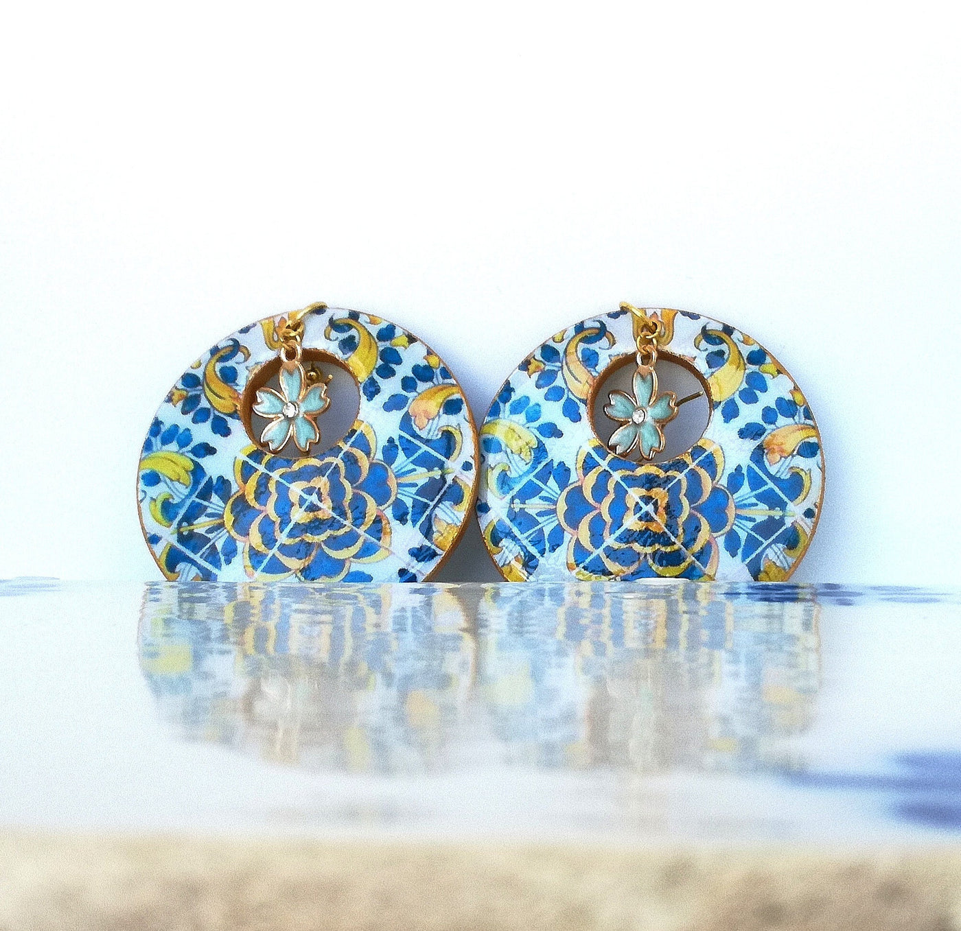 Oversized PORTO HOOP Earrings Large Dangle Tile Earring Blue Gold Tile Hoop Portuguese Antique Vintage Tile Azulejo Hoop Statement Earring