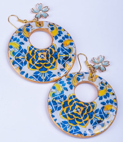 Oversized PORTO HOOP Earrings Large Dangle Tile Earring Blue Gold Tile Hoop Portuguese Antique Vintage Tile Azulejo Hoop Statement Earring