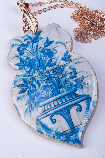 Portuguese blue heart pendant, mother pearl necklace, Portuguese blue tiles, Antique flower pot tile, blue gold necklace, statement necklace - ineslamy