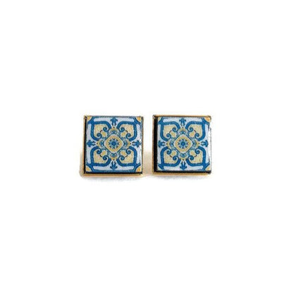 Portuguese tiles replica stud earrings, Portuguese jewelry, blue gold earrings, azulejos, Portuguese jewelry, Portugal, azulejo earrings - ineslamy