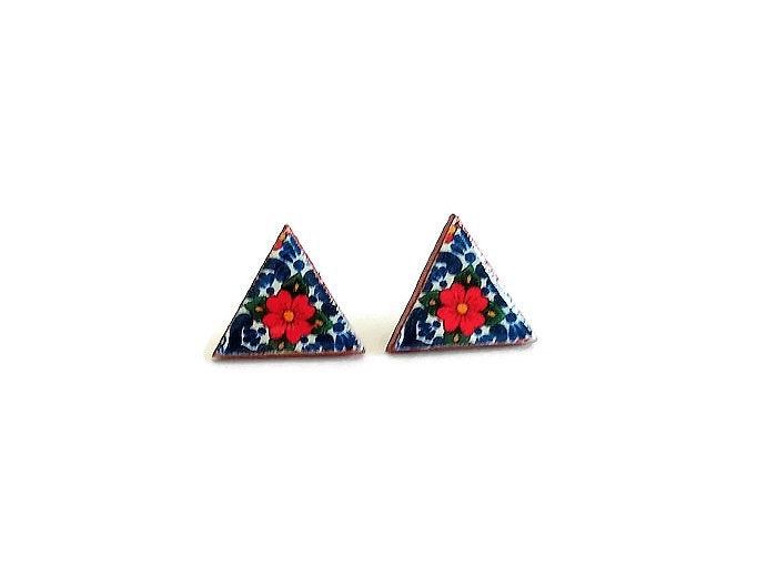 JUANITA - Mexican Red Flower Triangle Earrings - ineslamy