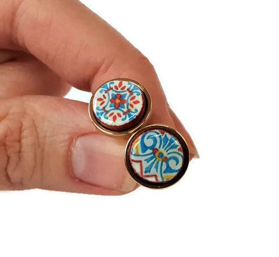 Round Small Tile Gold Earring Portugal Mismatched Antique Tile Stud Post Portuguese Azulejo Stainless Steel Travel Handmade Jewelry Gift