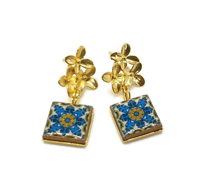 Gold flowers tile earrings, Portugal antique tiles, azulejo replicas, ethnic earrings, boho chic jewelry, handmade bridal jewelry, mom gift - ineslamy