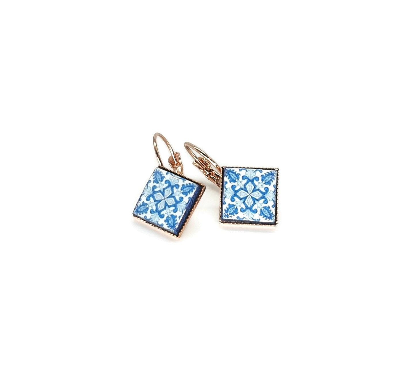 Grace - Rose Gold Portuguese Blue Tile Earrings - ineslamy