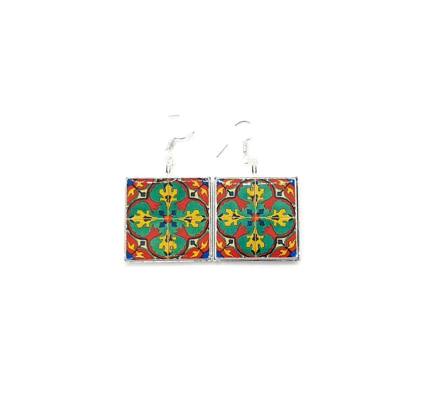 Mexican Red Green Tile Earring Talavera Square Pottery Tile Dangle Earring Lightweight Latina Jewelry Colorful Earring Mexico Spanish Latin