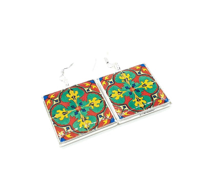 Mexican Red Green Tile Earring Talavera Square Pottery Tile Dangle Earring Lightweight Latina Jewelry Colorful Earring Mexico Spanish Latin