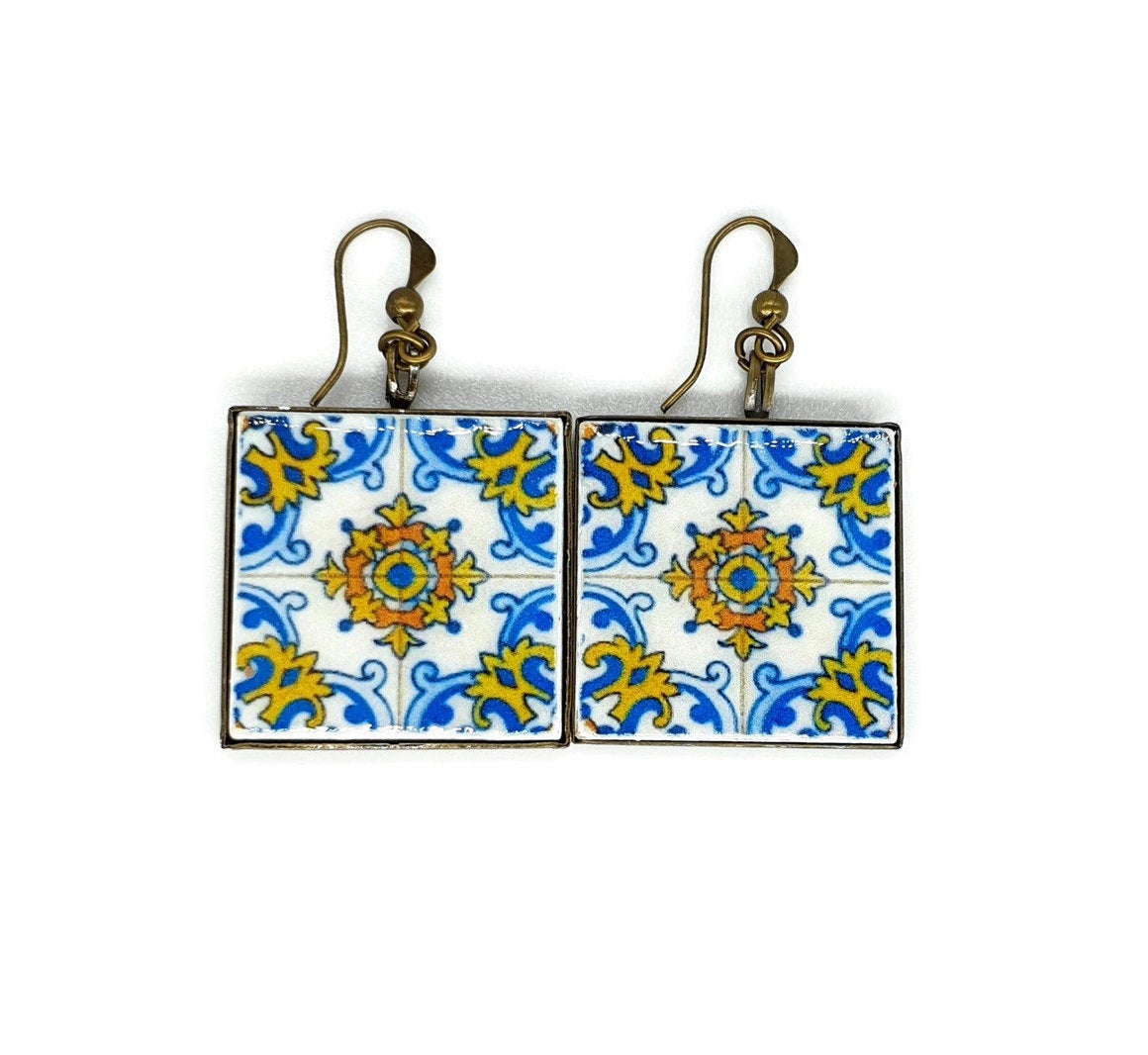 Portugal antique tile earrings, Portuguese tiles earrings, Portuguese jewelry, statement earrings, Portuguese gifts, boho earrings, azulejos - ineslamy