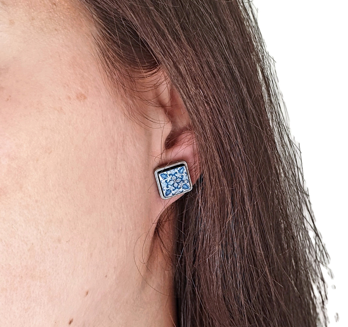 Small antique tile earrings, Portuguese small tiles, blue tile stud earrings, Portuguese tiles, azulejos of Portugal, Portuguese jewelry - ineslamy