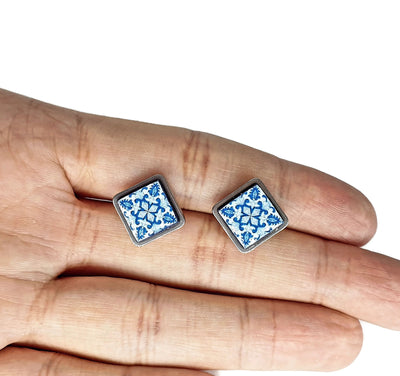 Small antique tile earrings, Portuguese small tiles, blue tile stud earrings, Portuguese tiles, azulejos of Portugal, Portuguese jewelry - ineslamy
