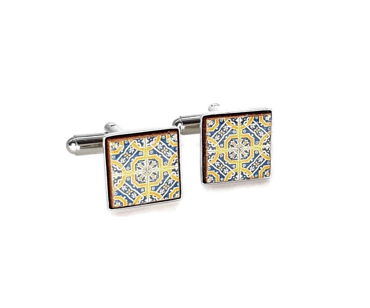 Small Portuguese Tiles Cuff links, Yellow and blue antique tiles, corporate gift, suit men accessories, square silver cuff links, Portugal - ineslamy