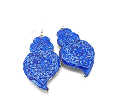 Portuguese Viana Heart Earring Royal Blue Ceramic Clay Silver Filigree Azulejo Tile Portugal Majolica Tile Heart Earring Heritage Pottery