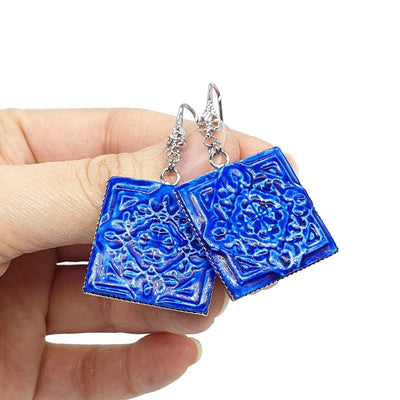 Blue Ceramic Portuguese Tile Earring Azulejo Clay Earring Portugal Jewelry Royal Blue Square Tile Drop Earring Ceramic Pottery Lightweight
