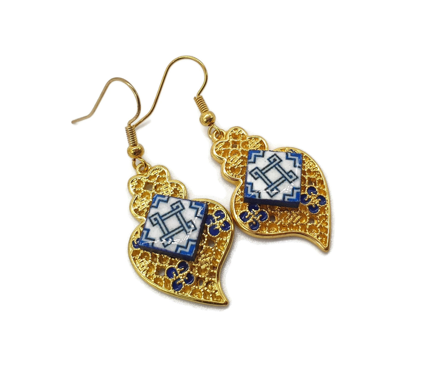 CILA - Viana Heart Gold Filigree & Tile Earrings