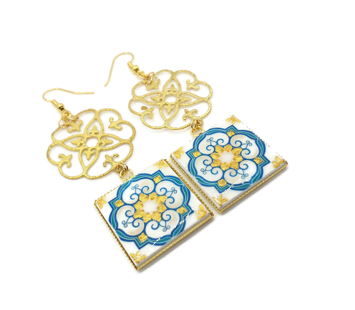 DAPHNE - Gold Portuguese Tiles Flower Earrings - ineslamy