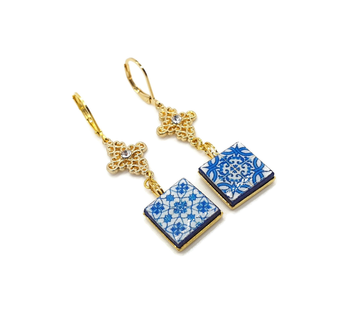 Mia - Gold Cross Tile Earrings - ineslamy