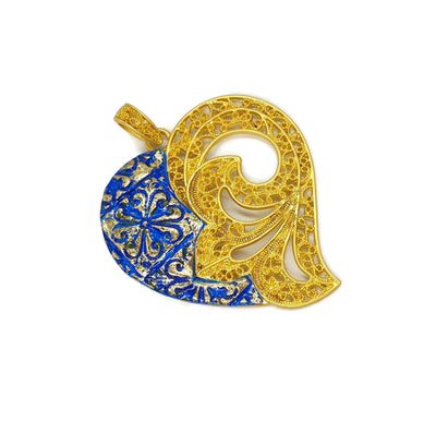 Portugal azulejo gold heart necklace, Portuguese wedding jewelry, filigree pendant, ceramic necklace, blue gold jewelry, statement pendant - ineslamy