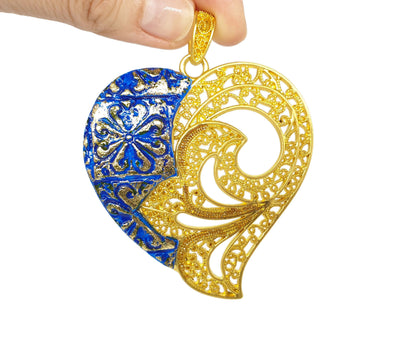 Portugal azulejo gold heart necklace, Portuguese wedding jewelry, filigree pendant, ceramic necklace, blue gold jewelry, statement pendant - ineslamy