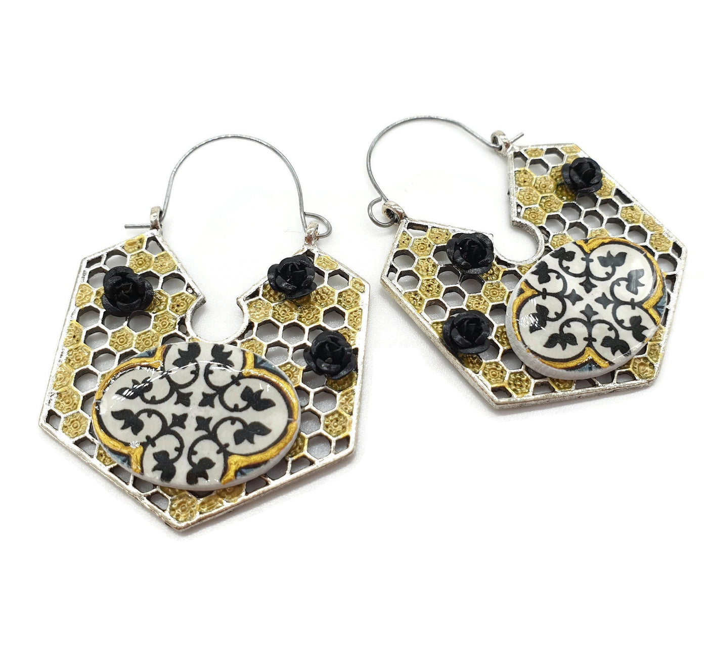 BEE - Black & Gold Hexagon Hoop Earrings - ineslamy