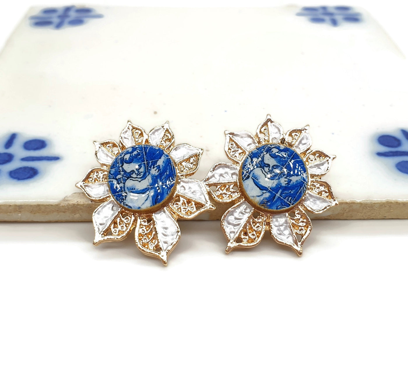 ANGEL - Gold Angel Blue Tile Flower Earrings - ineslamy