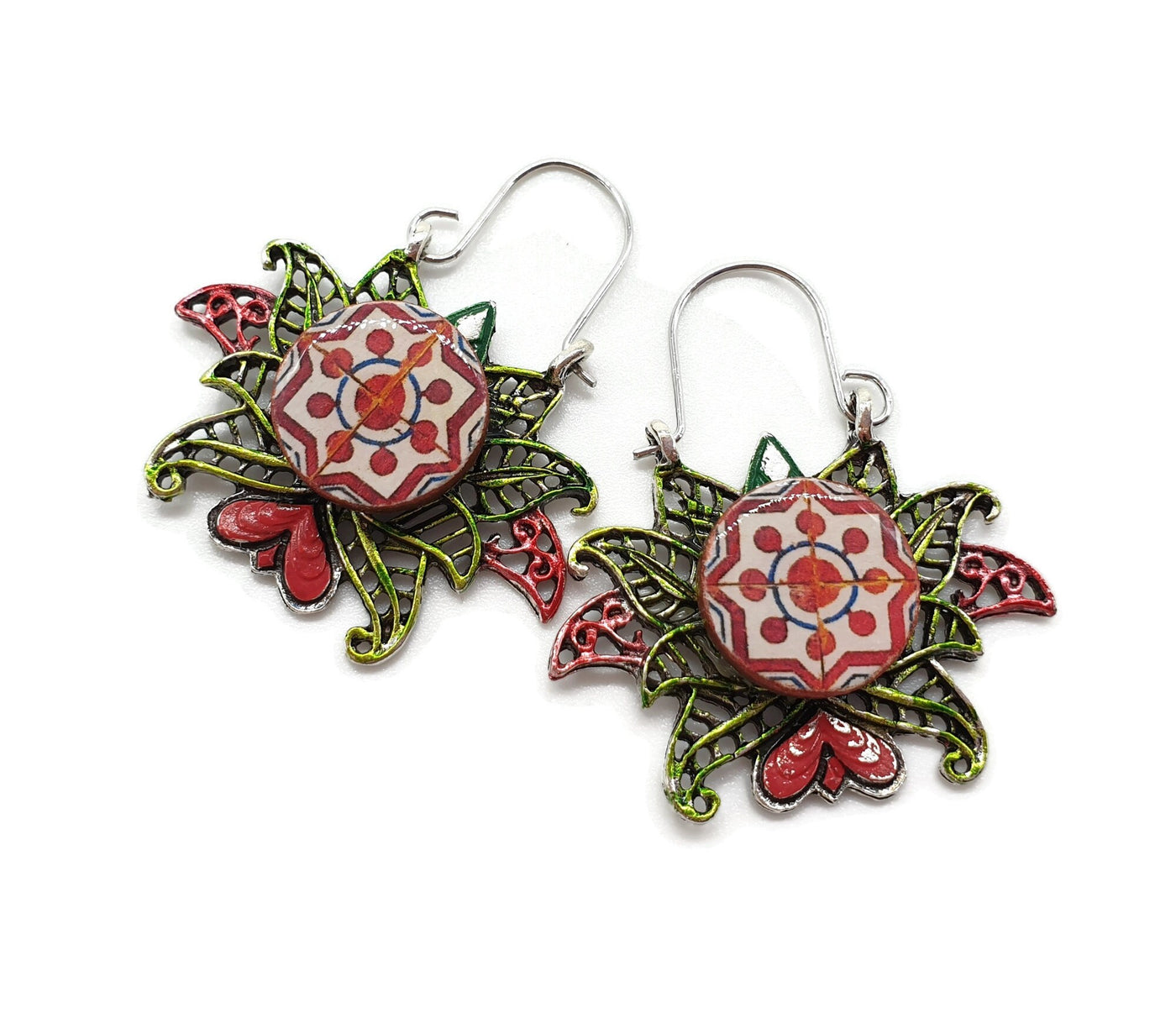 LEILA - Red Green Tile Lotus Hoop Earrings