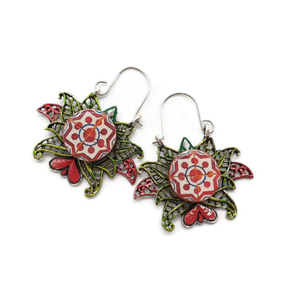LEILA - Red Green Tile Lotus Hoop Earrings