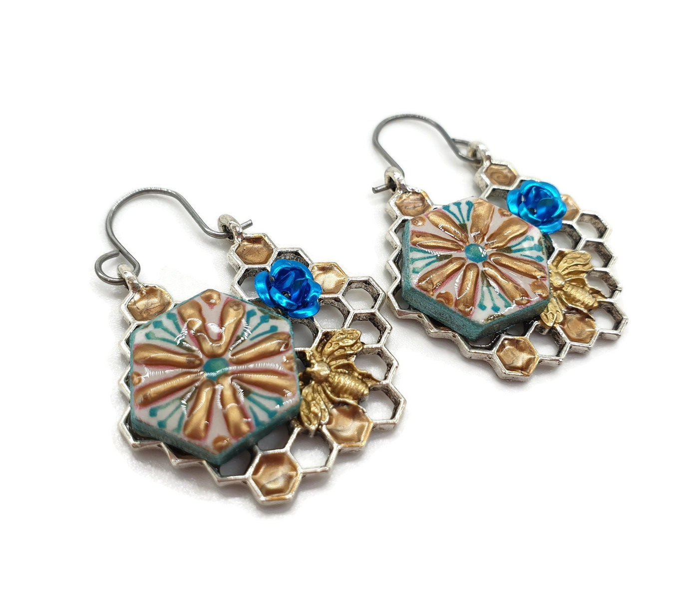 VICTORIA - Blue & Gold Hexagon Hoop Earrings - ineslamy