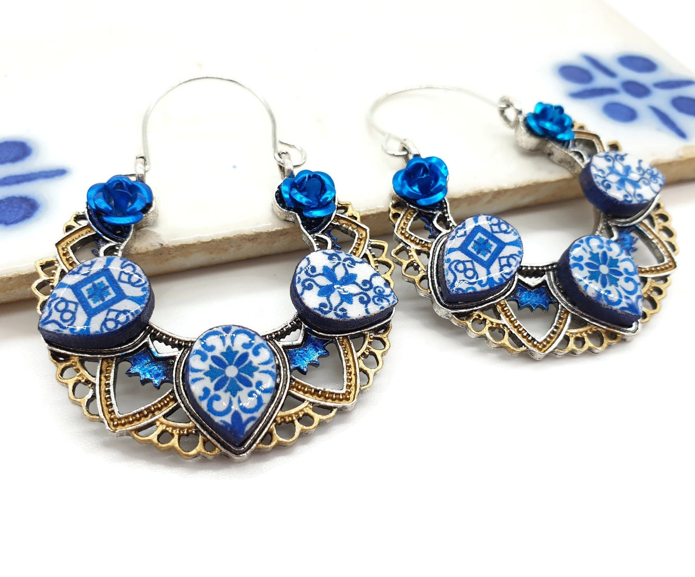 Portuguese Tile Hoop Earrings Blue Statement Hoops Tribal Ethnic Earrings Antique Silver Tiles Hoops Oversized Bohemian Hoop Blue Woman Gift
