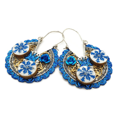 Blue Tiles Hoop Earrings Statement Tile Hoops Tribal Ethnic Lotus Earrings Antique Silver Blue Tiles Rose Flower Hoop Earrings Bohemian Blue