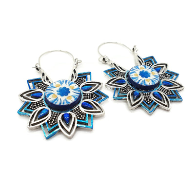 Flower Blue Hoop Earrings Portuguese Tile Statement Hoops Tribal Ethnic Hoop Earrings Silver Blue Tile Hoop Exaggerated Bohemian Blue hoops
