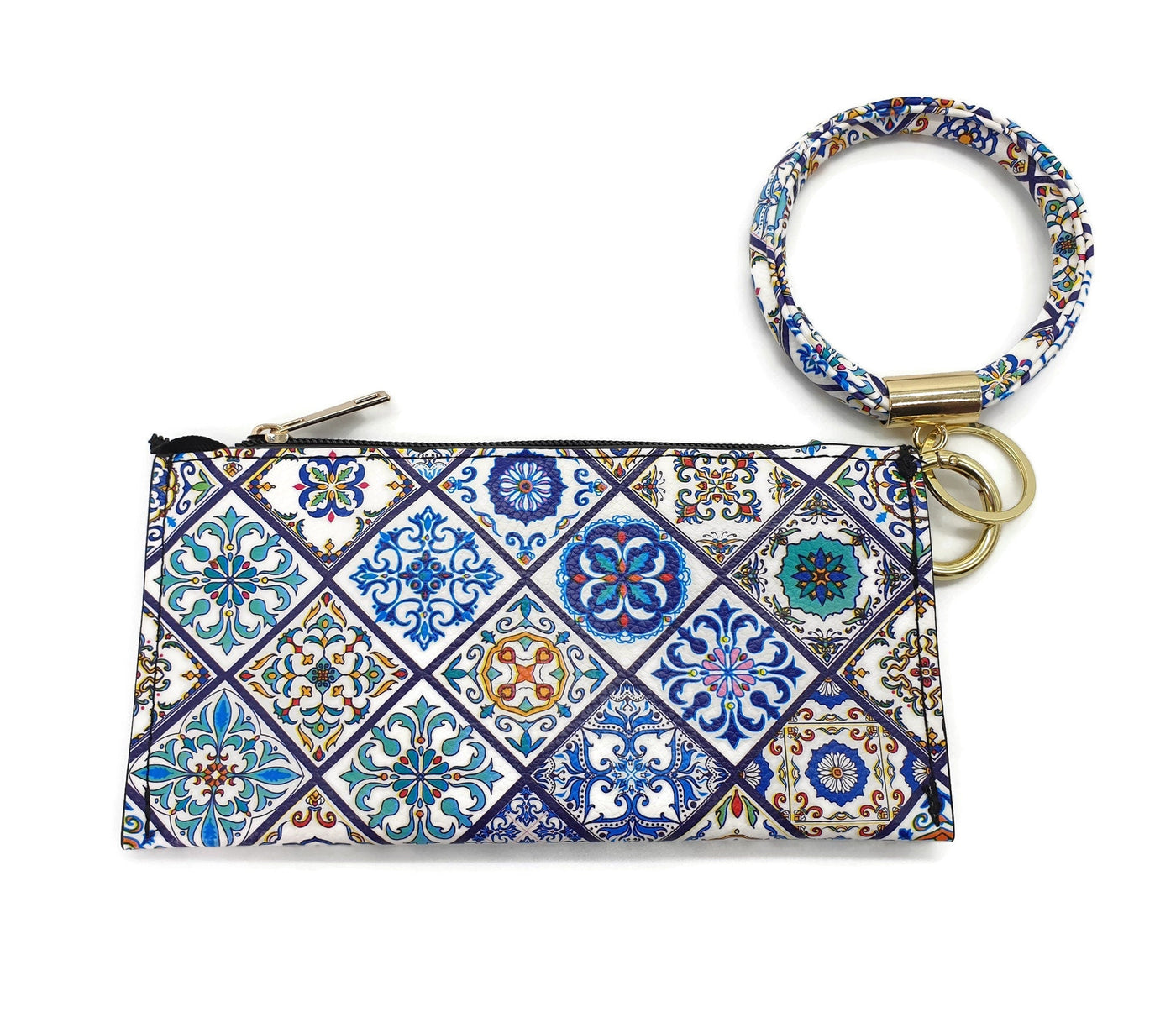 Portuguese Blue Tiles Hand Wallet, With detachable Bangle Bracelet, Faux Leather, Portuguese Azulejos Accessories, XTory Tiles Wallet - ineslamy