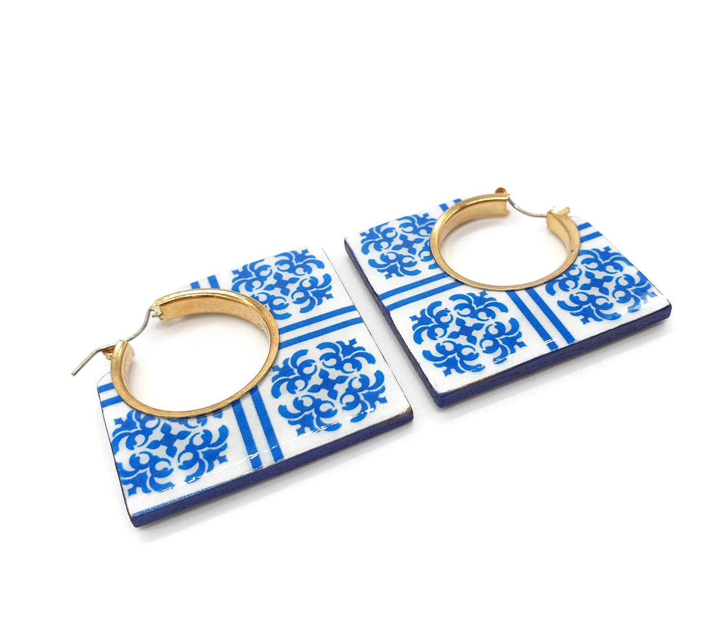 Squared Hoop Tile Earrings, Statement Tile Earrings, Bold Jewelry, Big Blue Tile Hoops, Square gold hoop Earrings, Portugal Azulejo Earrings - ineslamy