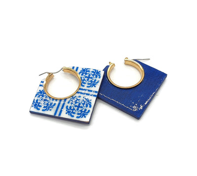 Squared Hoop Tile Earrings, Statement Tile Earrings, Bold Jewelry, Big Blue Tile Hoops, Square gold hoop Earrings, Portugal Azulejo Earrings - ineslamy