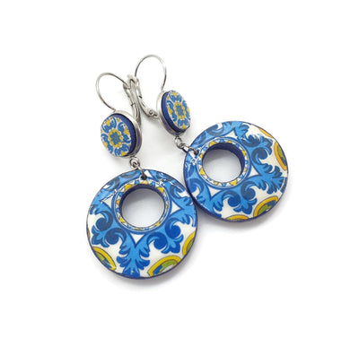 Portuguese Blue & Yellow Tiles Hoop Earrings, Blue Antique tiles, statement hoop earrings, statement jewelry, Portugal Azulejo Tiles - ineslamy