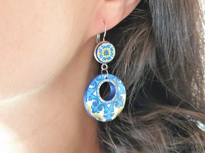 Portuguese Blue & Yellow Tiles Hoop Earrings, Blue Antique tiles, statement hoop earrings, statement jewelry, Portugal Azulejo Tiles - ineslamy